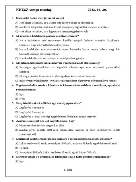 KRESZ tesztlap minta