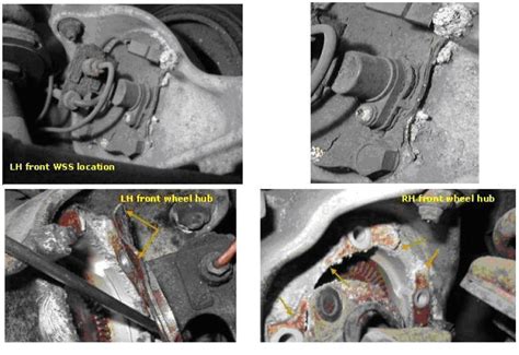 Rozsdafoltok a bal és jobb első jeladó tartólemeze és a kerékagy között