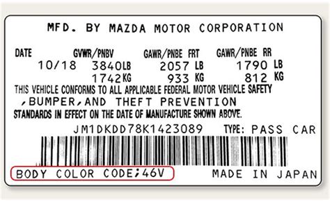 Színkód helye a Mazda ajtókeretén